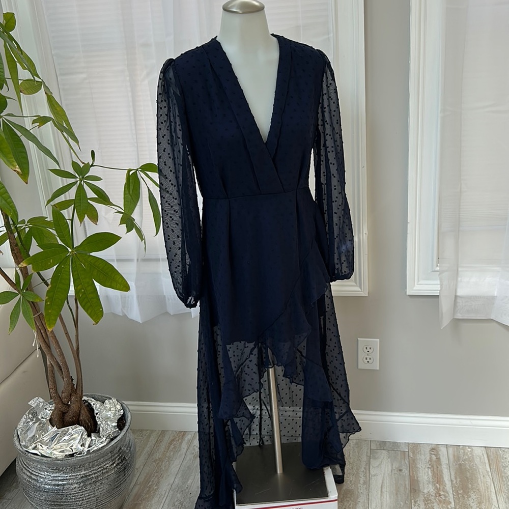 Navy blue hi/lo sheer long sleeve CBR dress size s
